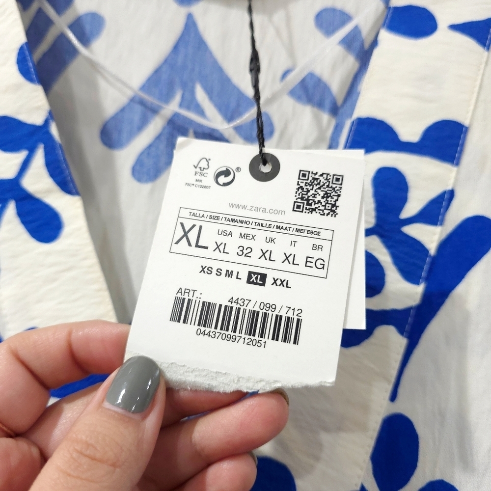 ZARA Cobalt Blue Botanical Print Long Sleeve V-Neck Tiered Babydoll Mini Dress - Picture 6 of 15